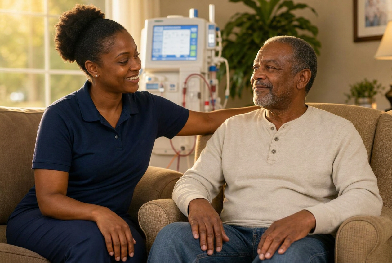 A compassionate care professional sitting with a dialysis patient at home